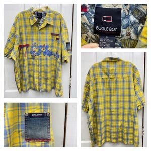Vintage Bugle Boy Yellow Blue Plaid Short Sleeve Button‎ Up Shirt Men 3XL Y2K